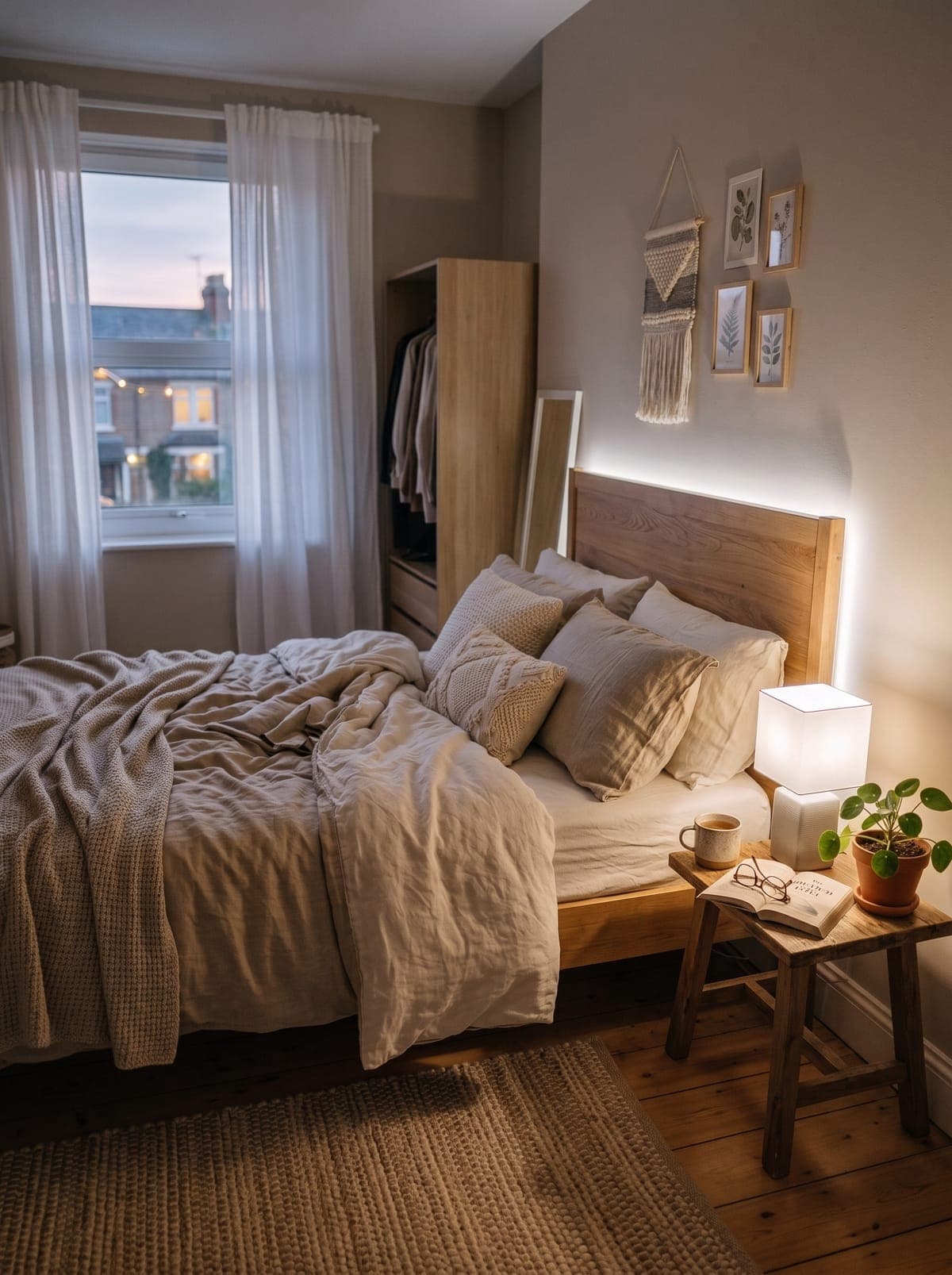 Cozy neutral bedroom with layered linen bedding, warm string lights on the headboard, and a textured rug