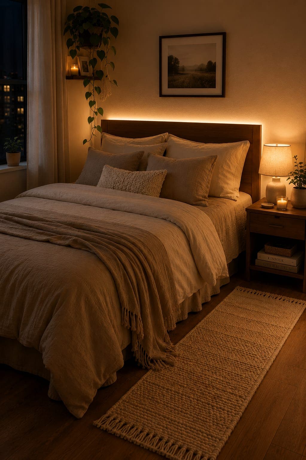 Bedroom lit by warm string lights and a small bedside lamp instead of overhead lighting