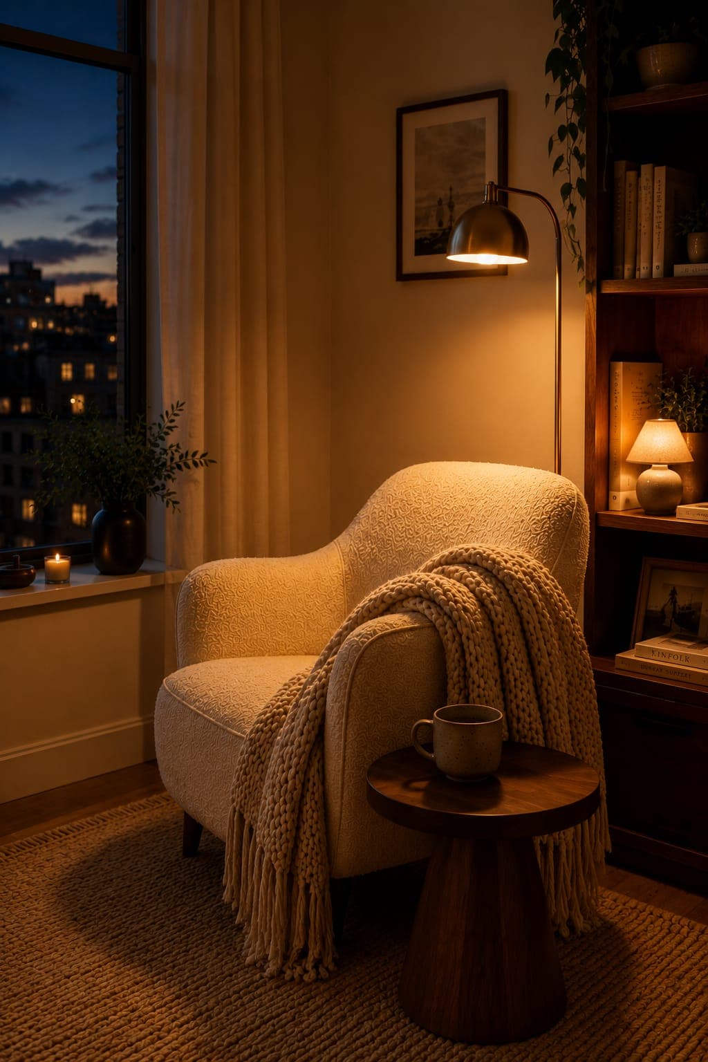 Warm brass floor lamp and small table lamp creating layered lighting in a cozy corner