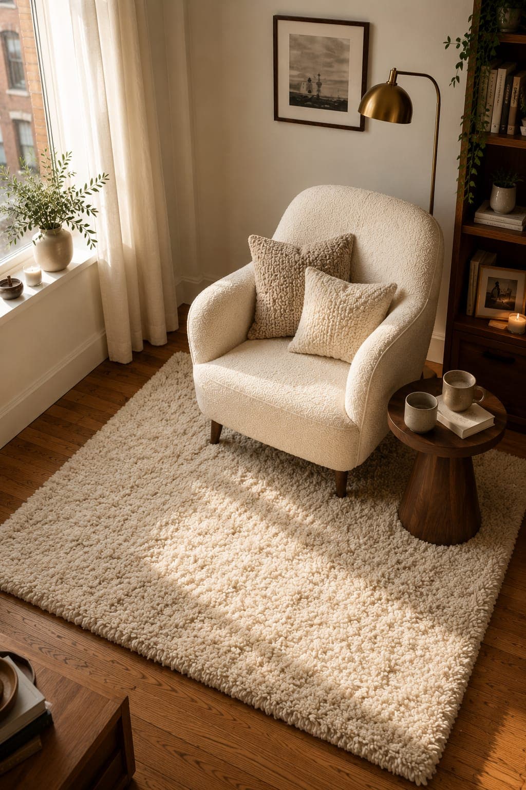 Textured cream area rug under a reading chair defining a cozy nook zone