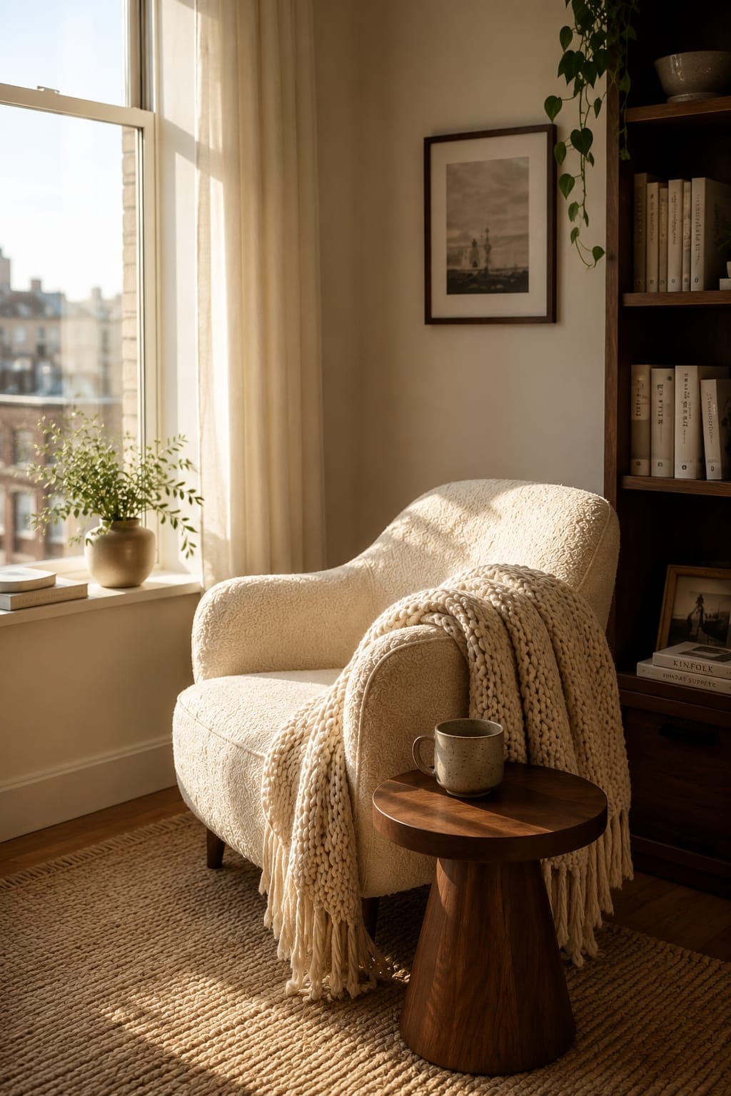Cozy reading nook in a small apartment corner with a cream boucle accent chair, chunky knit throw blanket, and warm brass floor lamp
