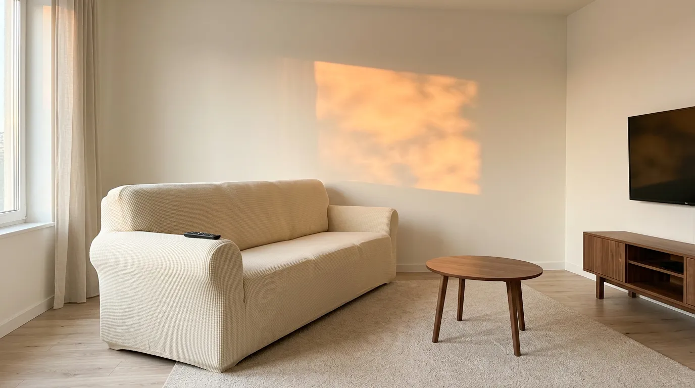 Small rented living room in warm afternoon light with a cream slipcovered sofa, a row of short walnut wall shelves, and a bamboo tray on the sofa arm, a renter-friendly setup built from Amazon home finds for the living room