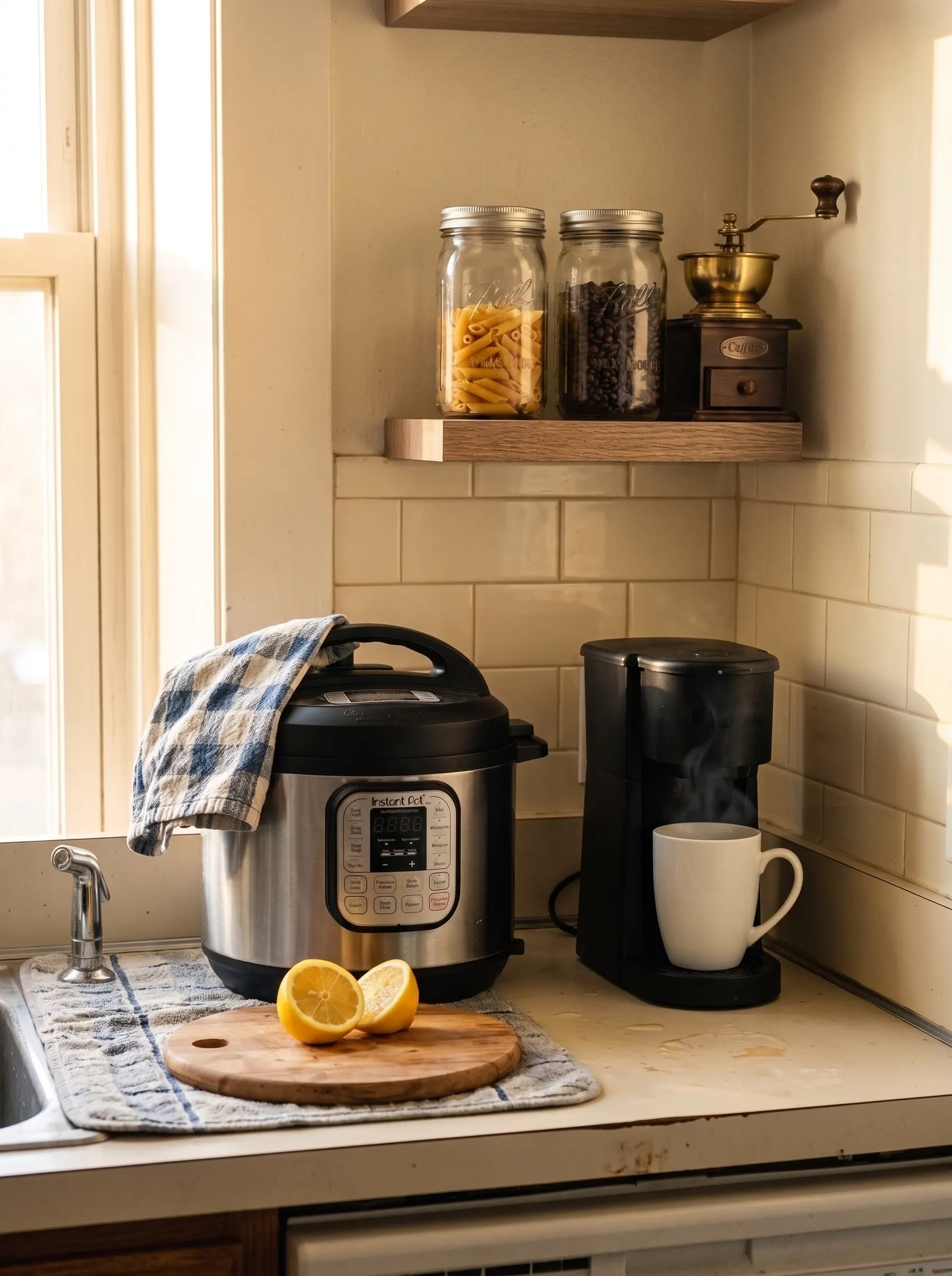 Small college apartment kitchen counter with a mini Instant Pot and a compact single-serve coffee maker, practical college apartment must haves for a first kitchen