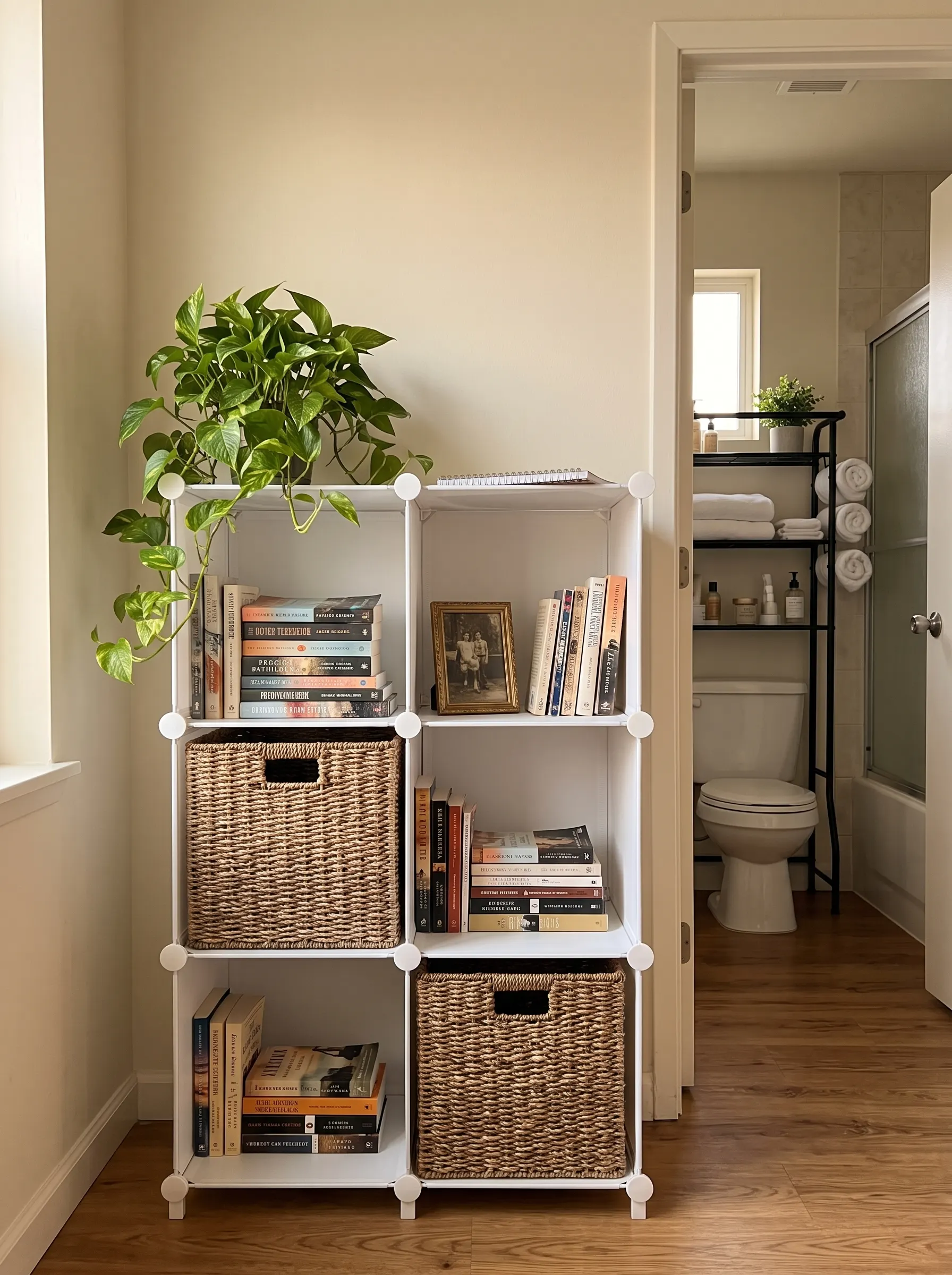 Six-cube storage organizer holding books and bins beside a bathroom with an over-toilet shelf, smart storage college apartment must haves for small spaces