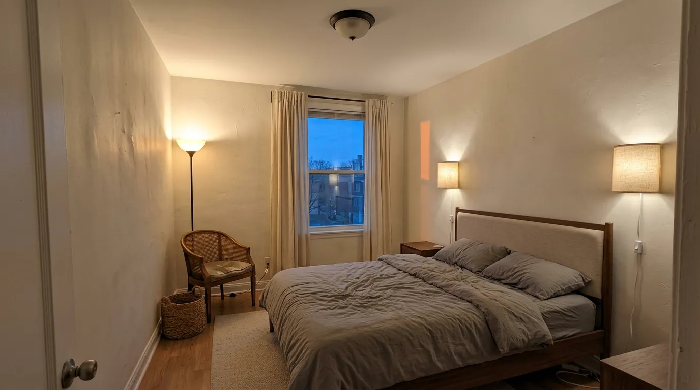 Small rented bedroom at night lit by a bedside lamp, wall sconces and a corner floor lamp with the ceiling light off, showing layered cozy bedroom lighting