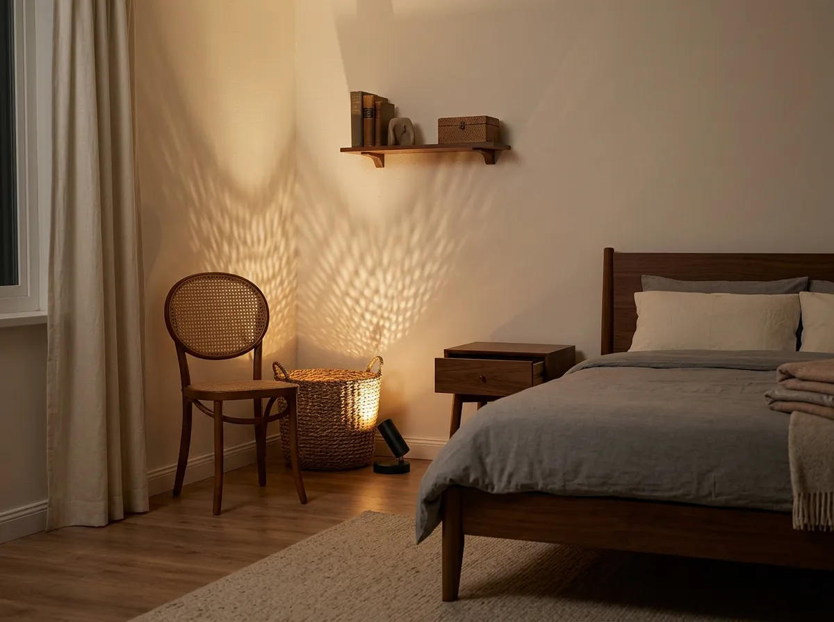 Small black rechargeable uplight on the floor behind a woven basket casting a soft glow up the bedroom wall, ambient cozy bedroom lighting without a light strip