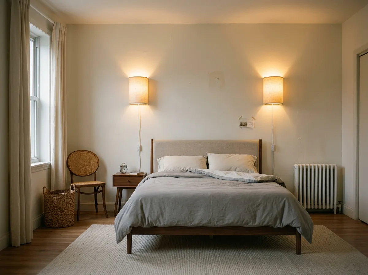 Pair of oatmeal linen plug-in wall sconces above a bed with cords running straight down the wall, no-drill cozy bedroom lighting for renters