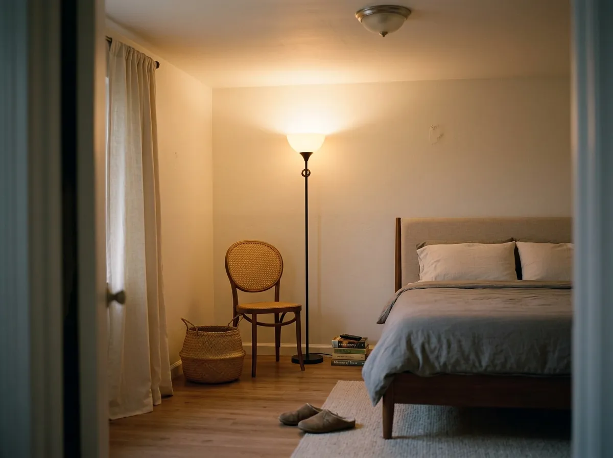 Black torchiere floor lamp in a bedroom corner throwing light up onto the ceiling, filling a dark corner with cozy bedroom lighting