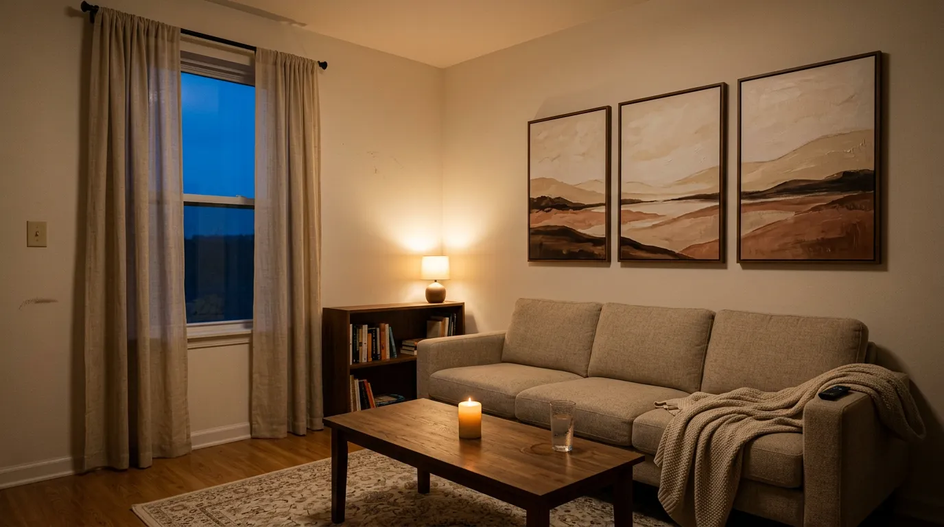 Small rented living room in late afternoon with a cream knit throw on the sofa, a washable patterned rug and linen curtains, showing layered cozy home essentials