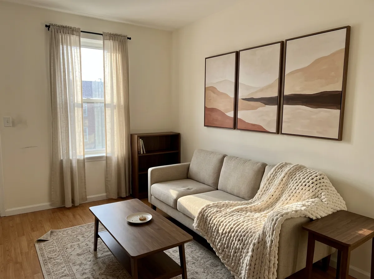 Ivory chunky knit throw blanket draped over the arm of a sofa in a small apartment, a cozy home essential with visible texture