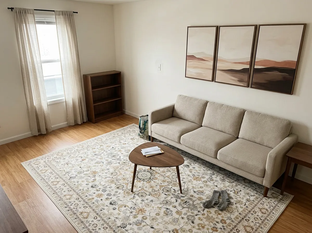 Washable beige vintage-pattern area rug covering hard rental flooring under a sofa and chair, a cozy home essential for small apartments