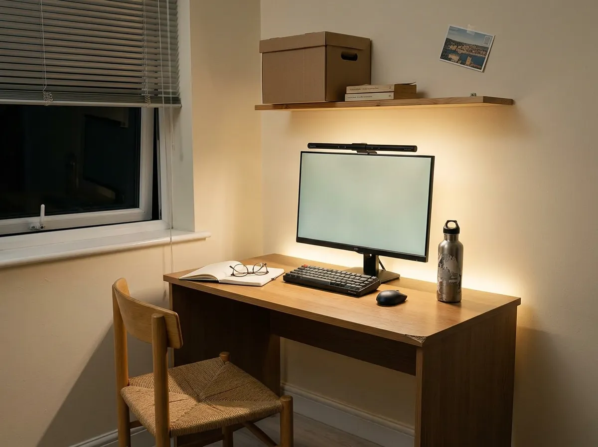 Warm monitor light bar clipped to the top of a screen casting light onto a notebook, a space-saving desk essential for a small home office setup