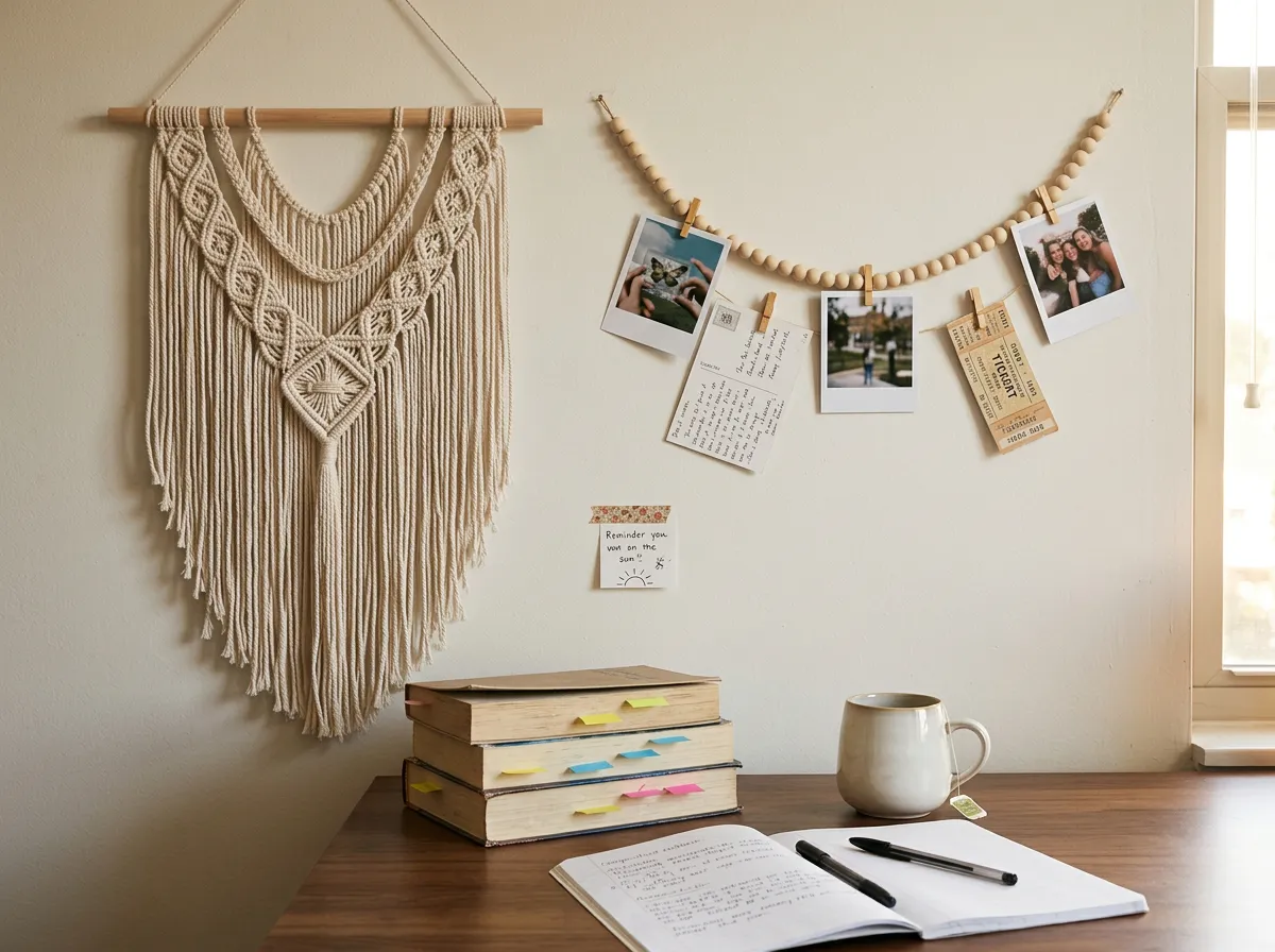 Boho photo display with clips and a large macrame wall hanging above a dorm desk, damage-free dorm room ideas for blank walls