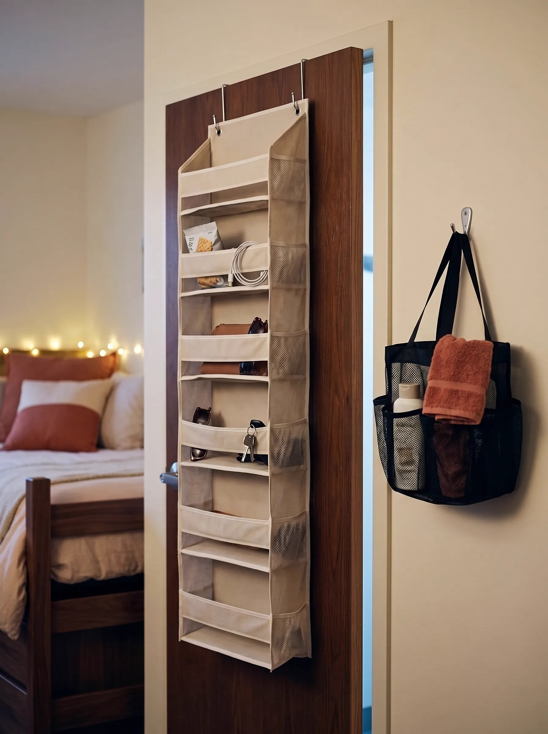 Beige over-the-door organizer with pockets filled with supplies hanging on a dorm room door, a practical dorm room essentials storage solution