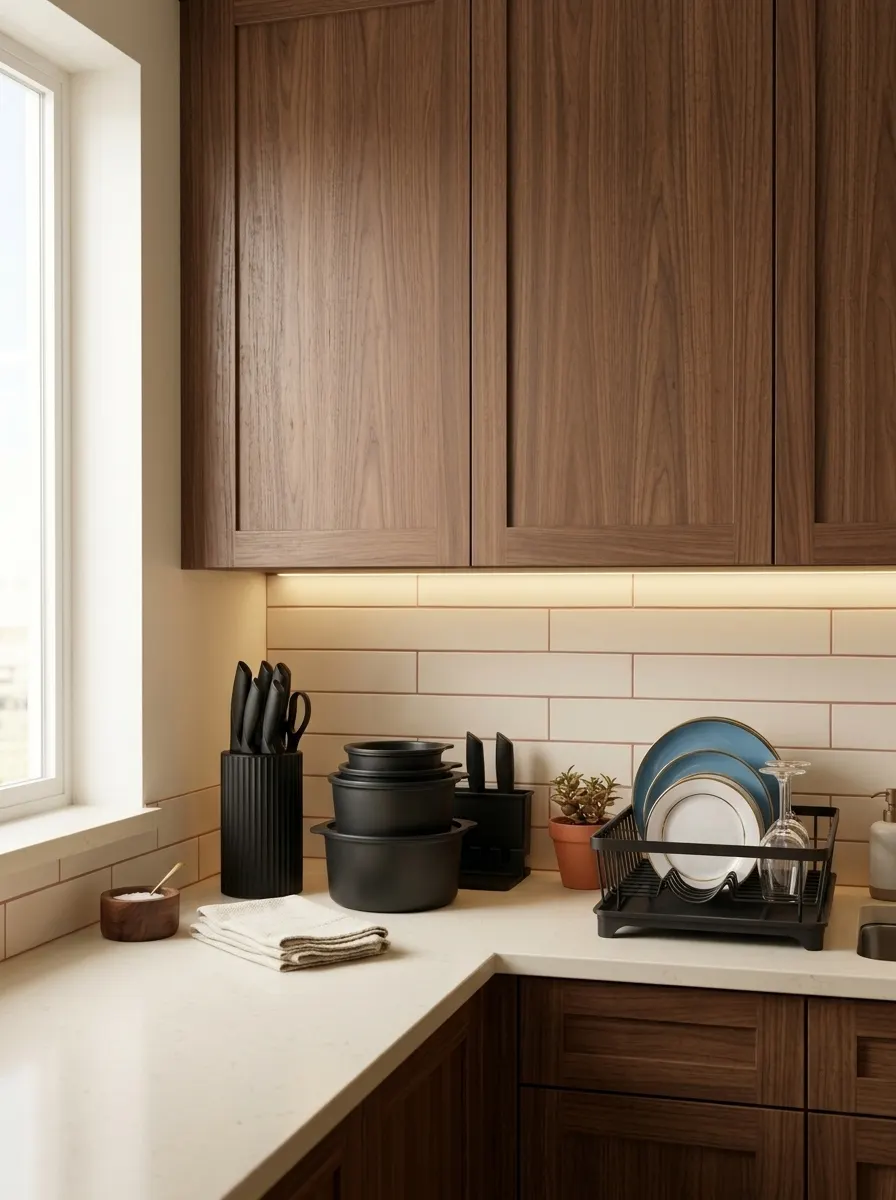 Small apartment kitchen counter with a compact nonstick cookware set, a knife block, and a dish drying rack neatly arranged, key first apartment essentials for cooking