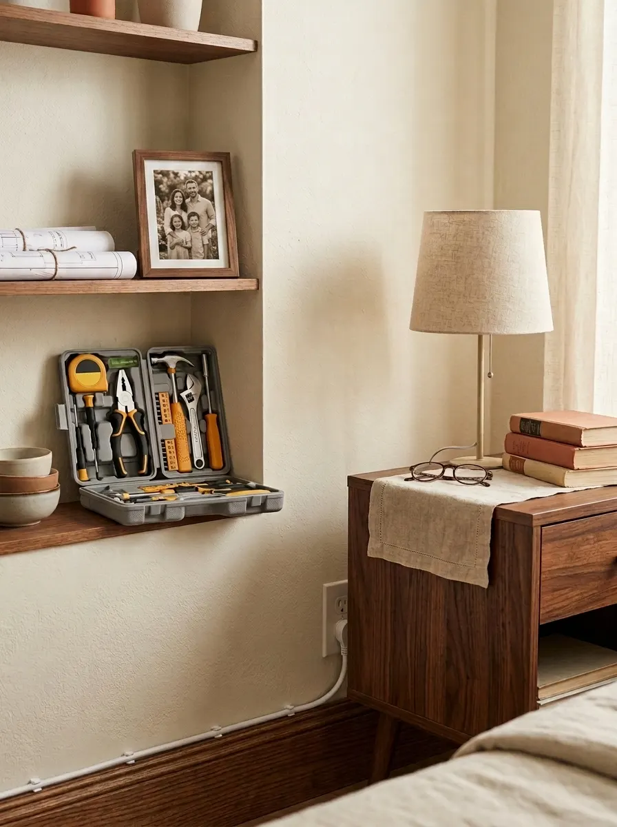 Flat plug power strip tucked behind a nightstand and a compact tool kit on an apartment shelf, often-forgotten first apartment essentials that solve real problems