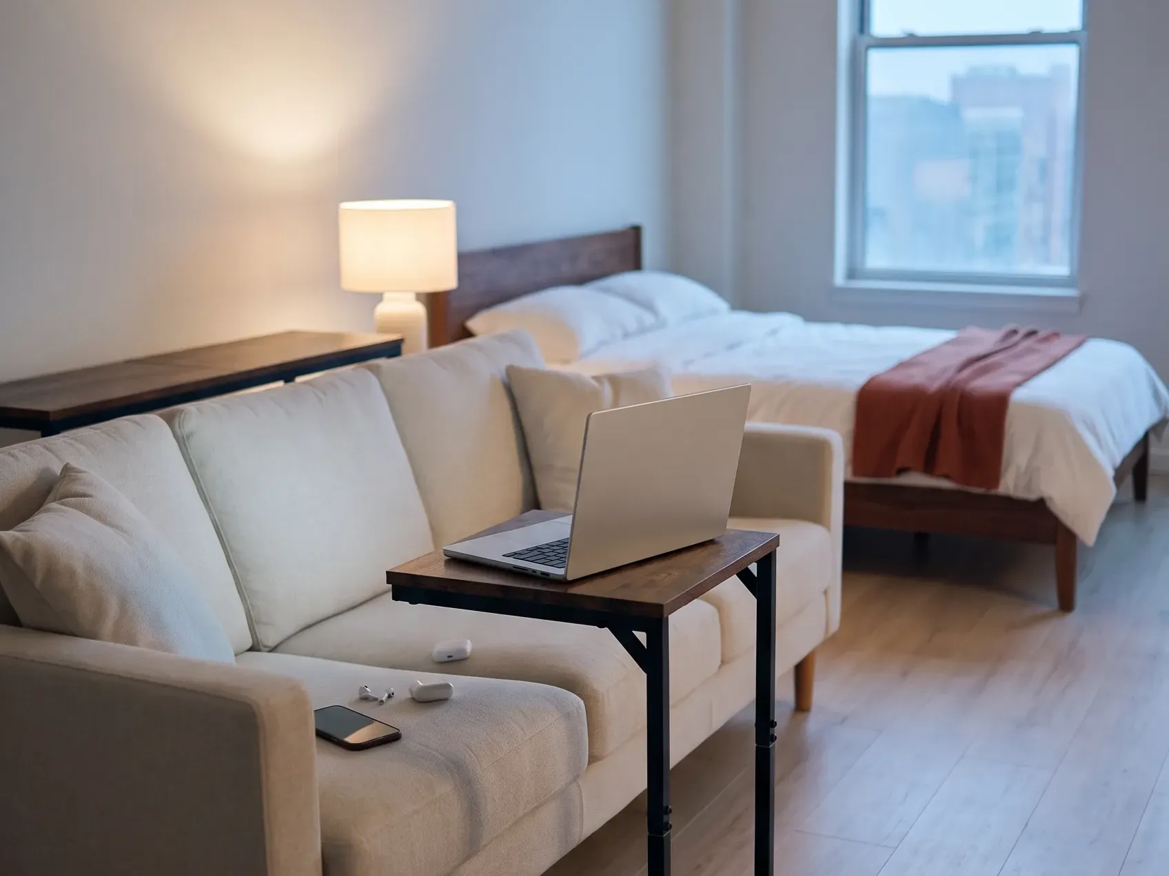 C shaped side table slid over the arm of a sofa holding a laptop, a studio apartment idea for working without a desk